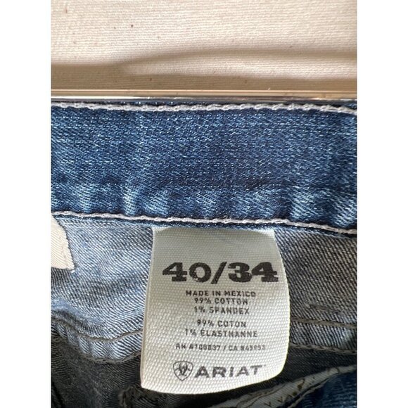 ARIAT M5 Mens Size 40W 34L Denim Blue Jean Slim Bootcut Thrash Distressed Grunge - Picture 15 of 16